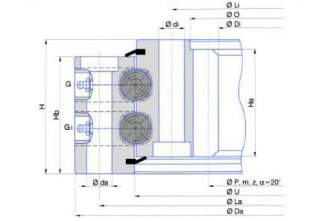 Roulement d'orientation à billes à double rangée (type engrenage interne)